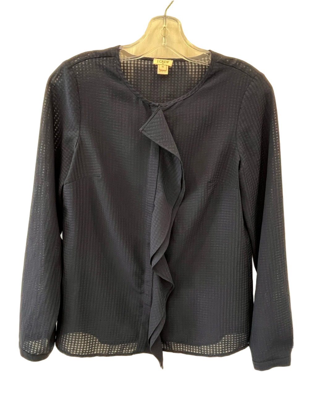 J. Crew Factory Navy Windowpane Ruffle Blouse XS JCrew Check Semi Sheer Office